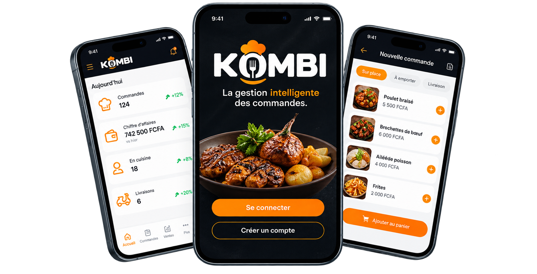 Trois écrans de KOMBI : le tableau de bord du jour, l'accueil de l'application et la prise de commande.